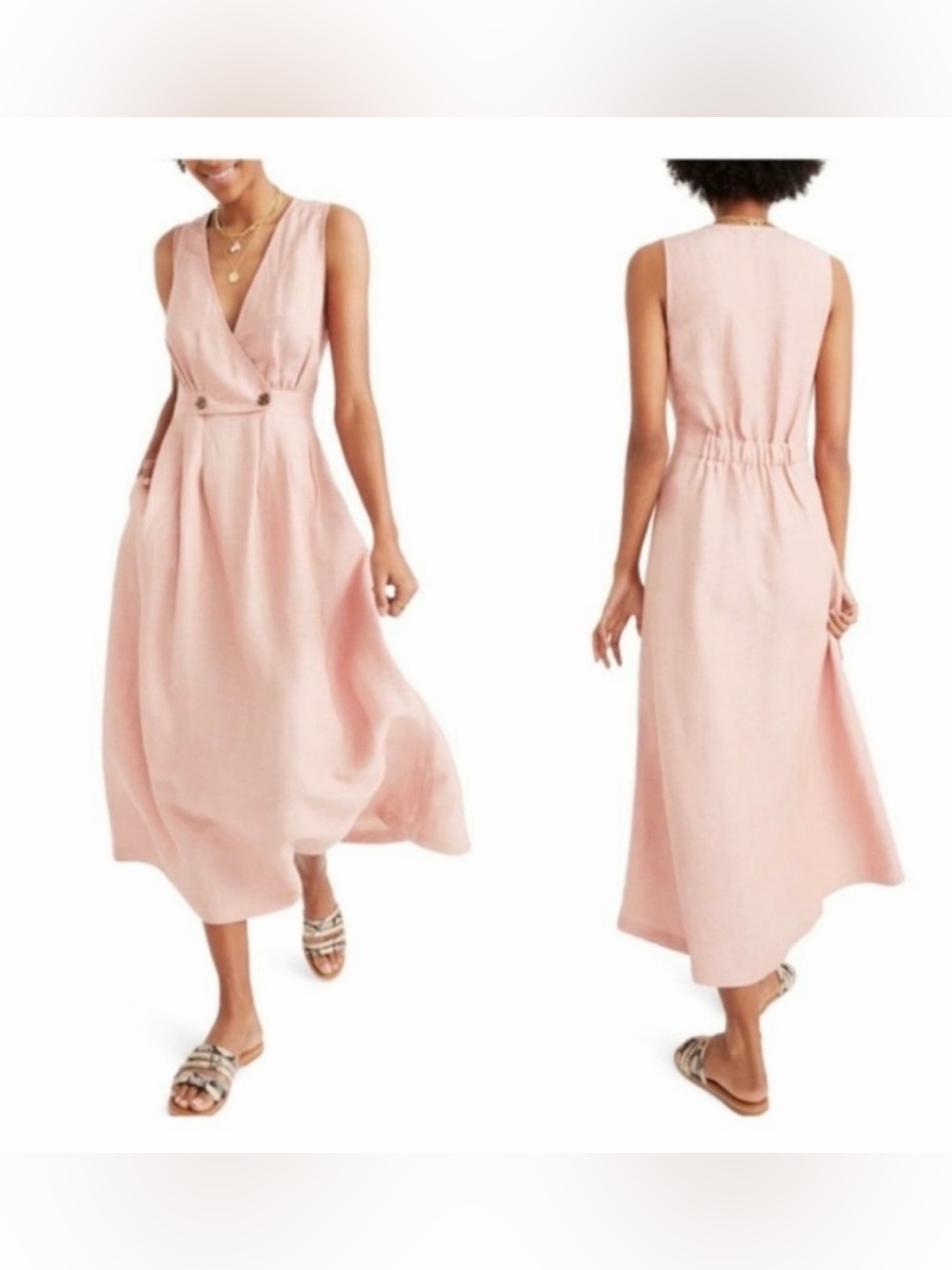 Madewell Linen Blend Button Waist Midi Dress